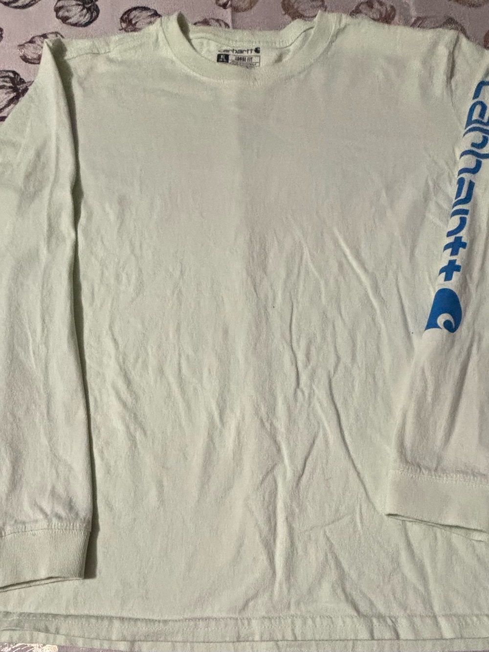 Carhartt Long-Sleeve Tee in Pale Green with Blue Sleeve Logo